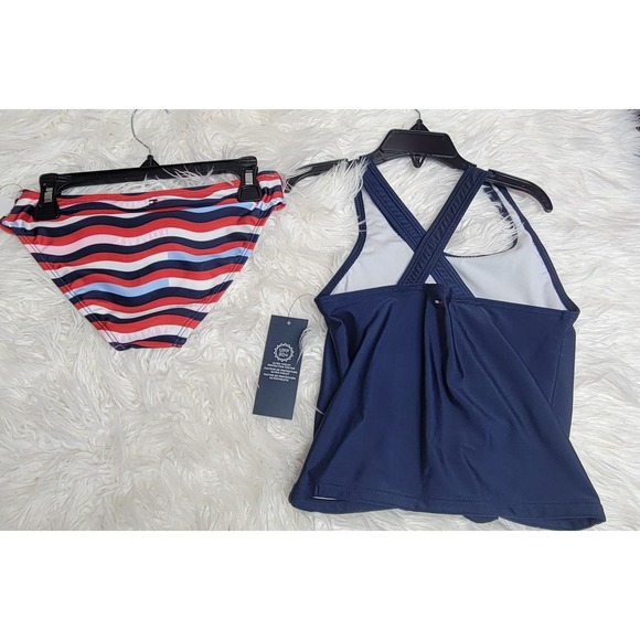 TOMMY HILFIGER Big Girls Logo Wave Print Tankini, 2 Piece Set M 360 - Picture 2 of 2